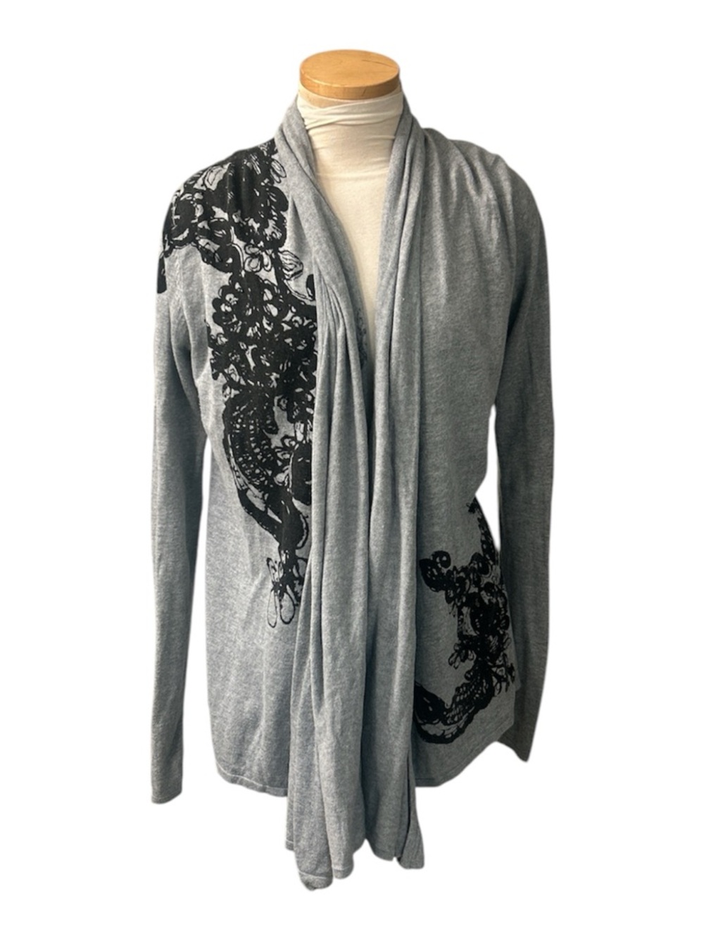 Romeo & Juliet Couture Gray Draped Open-Front Sweater with Black Lace Size Small